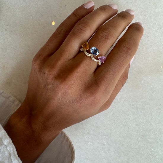 3 Colored Sapphires & Wavy Diamond Ring