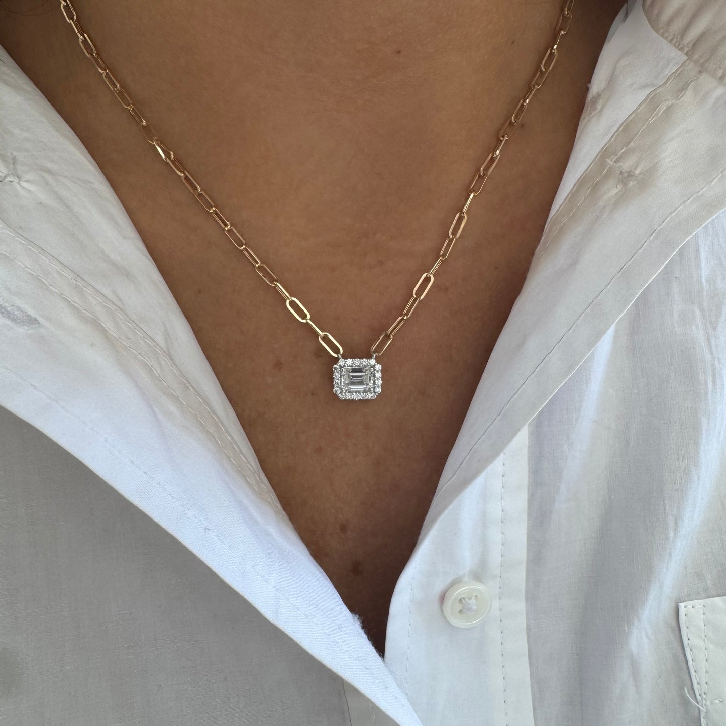 Lab Diamond Emerald Halo on Paperclip Necklace