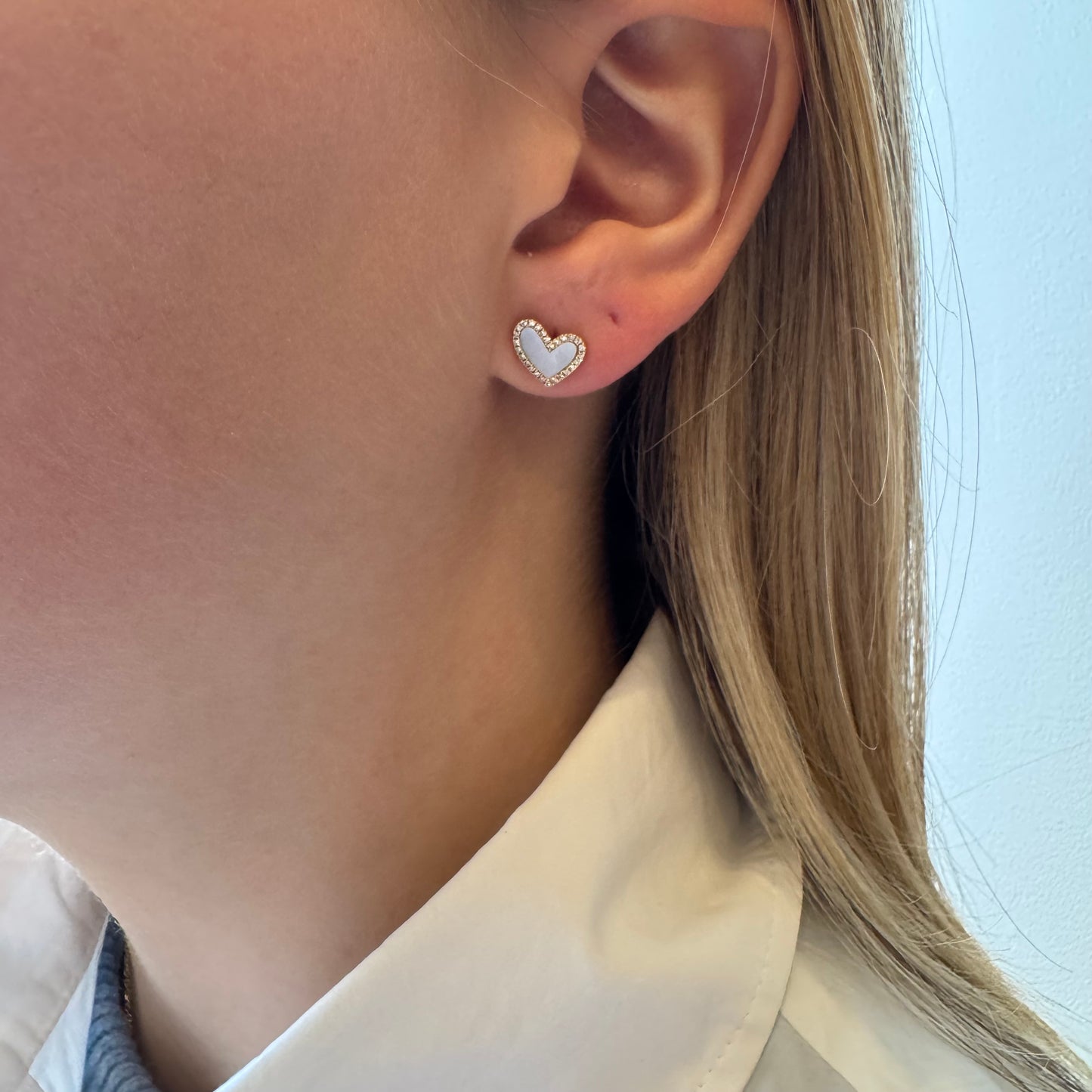 Slanted Mother of Pearl and Diamond Heart Studs