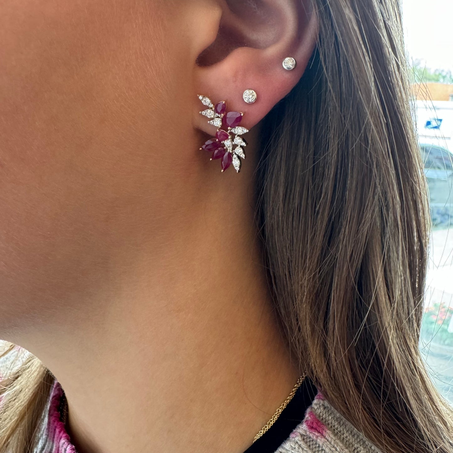 Diamond & Ruby Pear Cluster Earrings