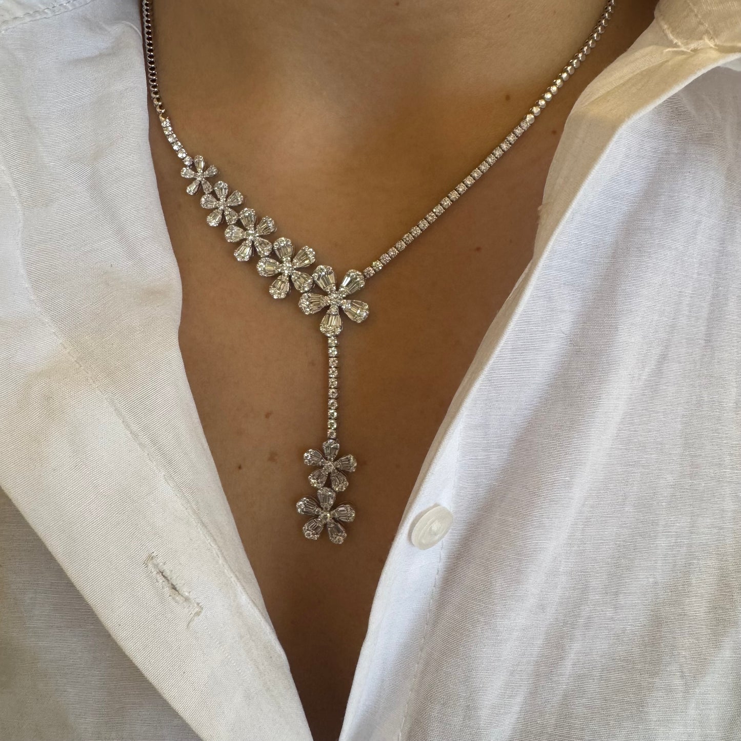 Baguette Diamond Flower Lariat Necklace