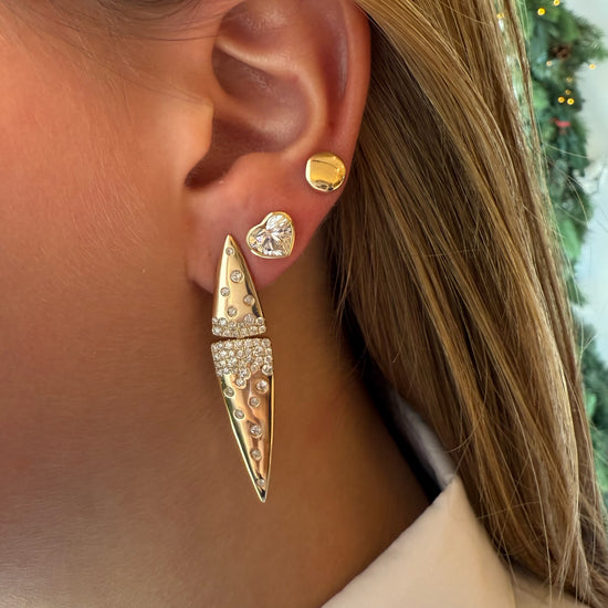 Elongated Scatterd Gold & Diamond Double Triangle Earrings