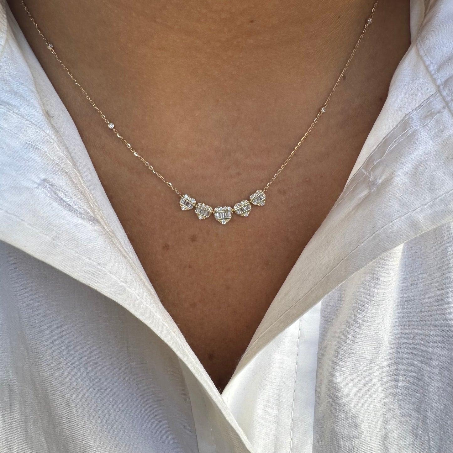 Curved 5 Diamond Cluster Hearts Necklace