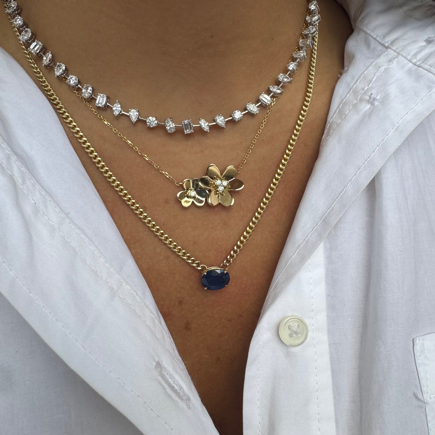 Lab Grown Partway Mixed Shape Diamond Tennis Necklace on Paperclip Chain