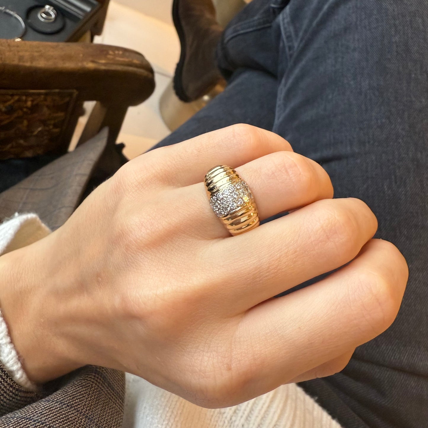 Three Row Diamond Ribbed Gold Ring