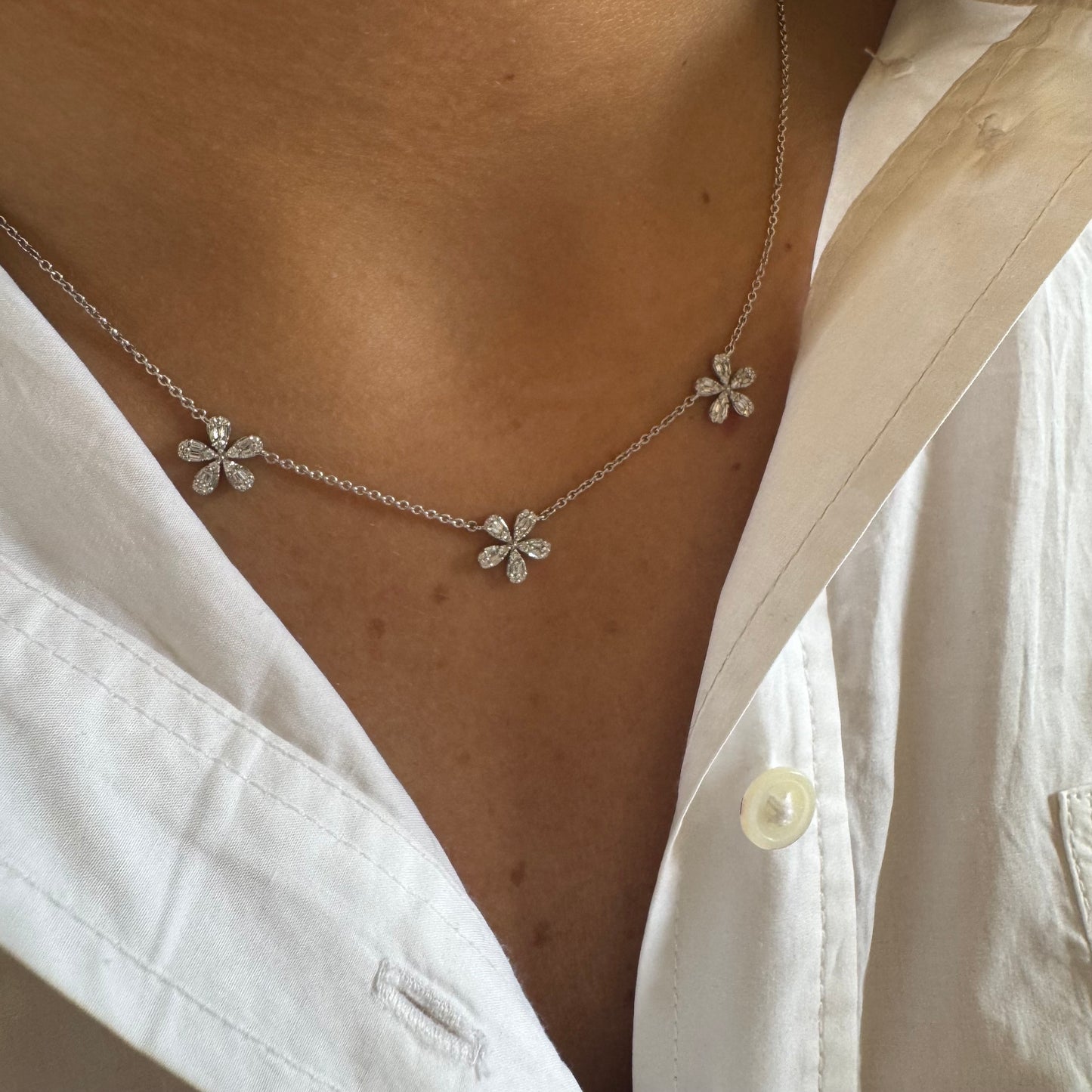 3 Station Diamond Flowers Necklace