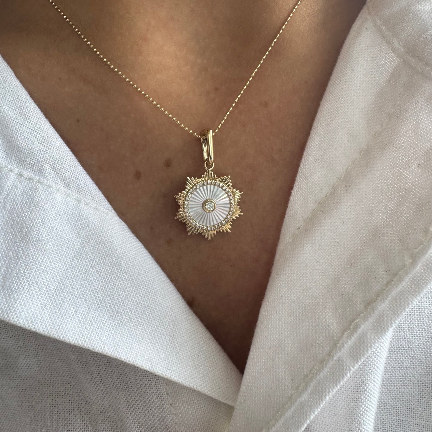 Fluted Mother of Pearl & Diamond Ray Disc Charm