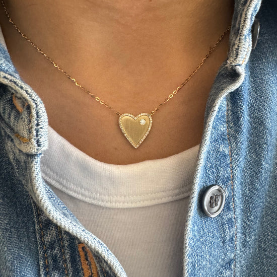 Brushed Gold & Diamond Halo Heart Necklace