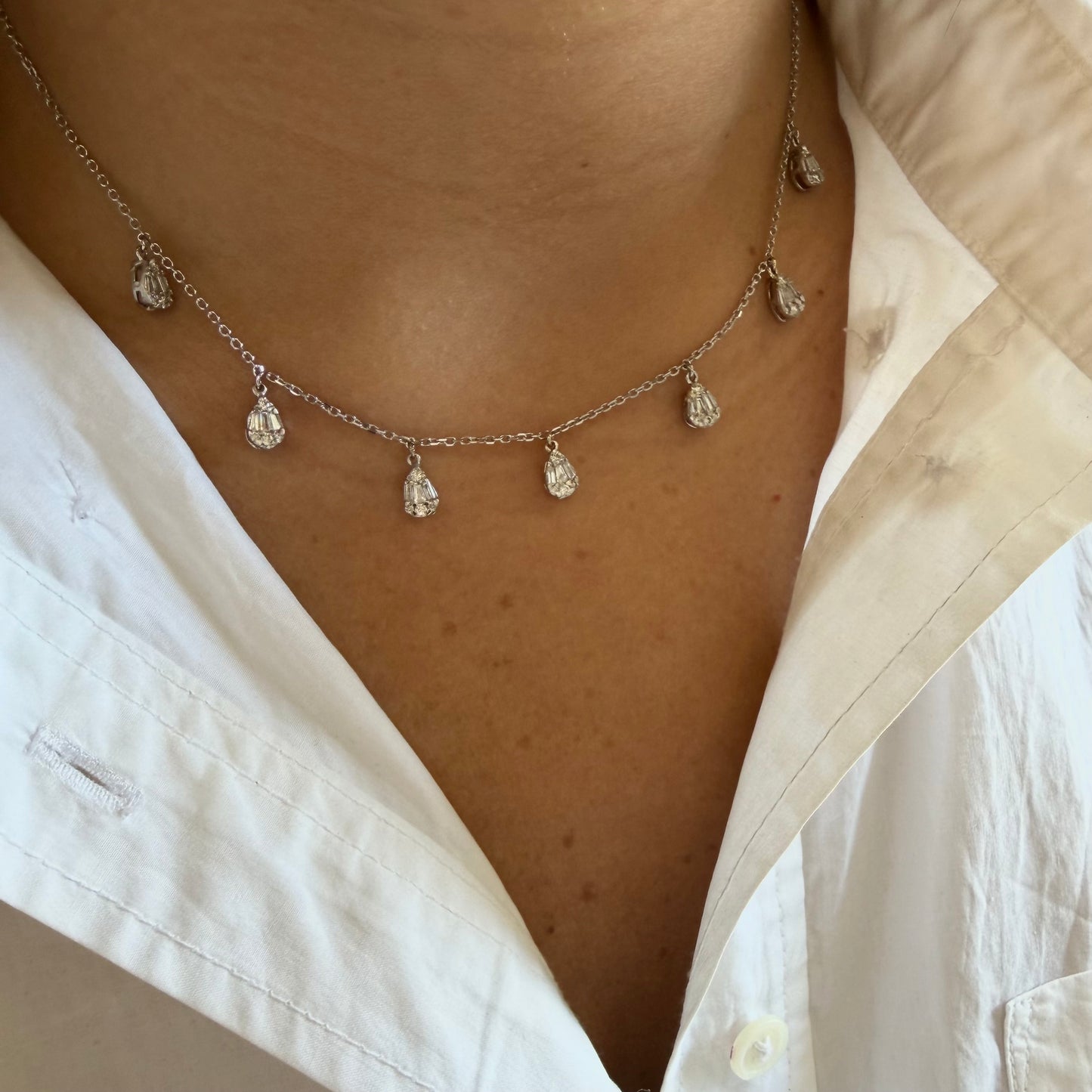 7 Baguette Diamond Pear Hanging Necklace