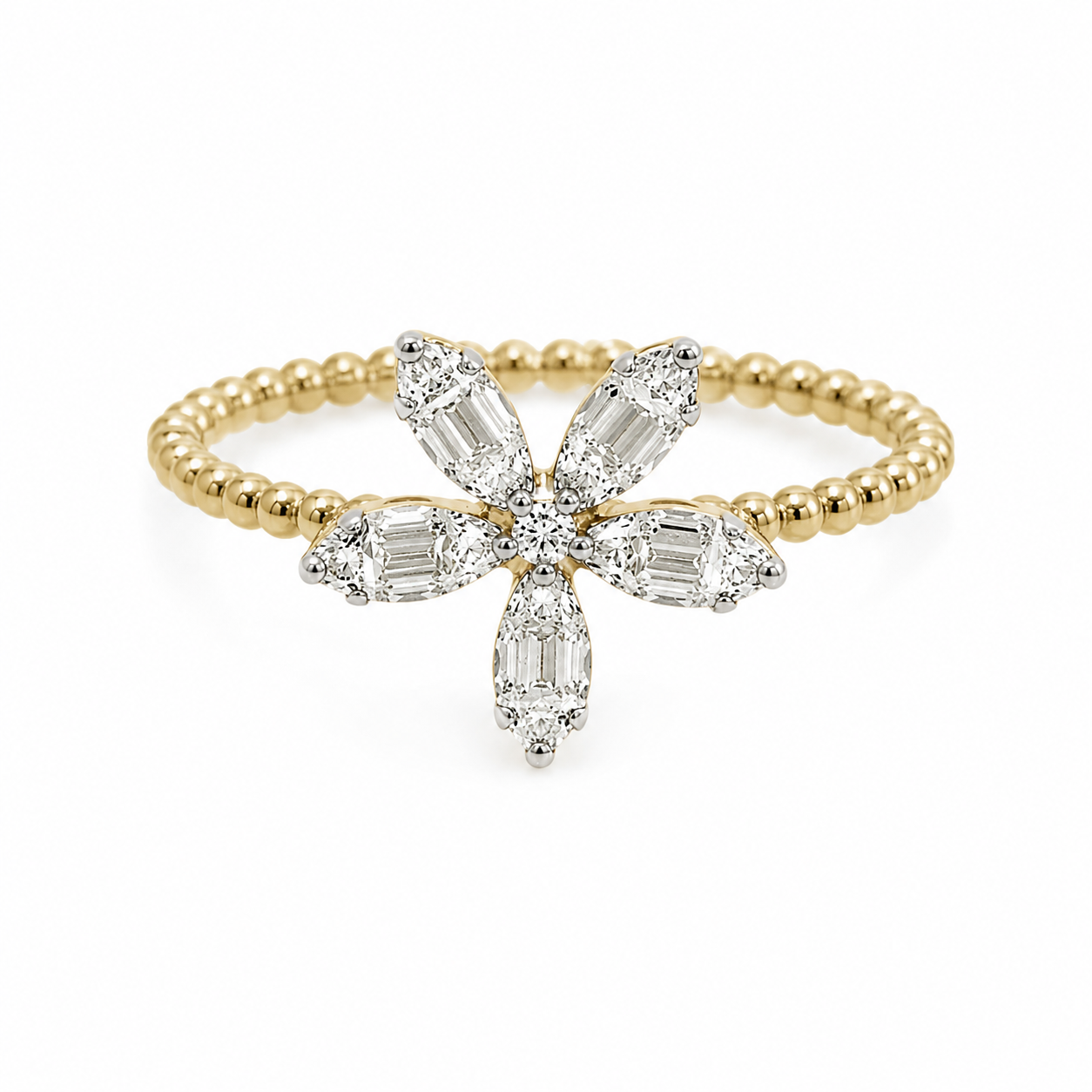 Baguette Diamond Flower Ring on Ball-Detail Band