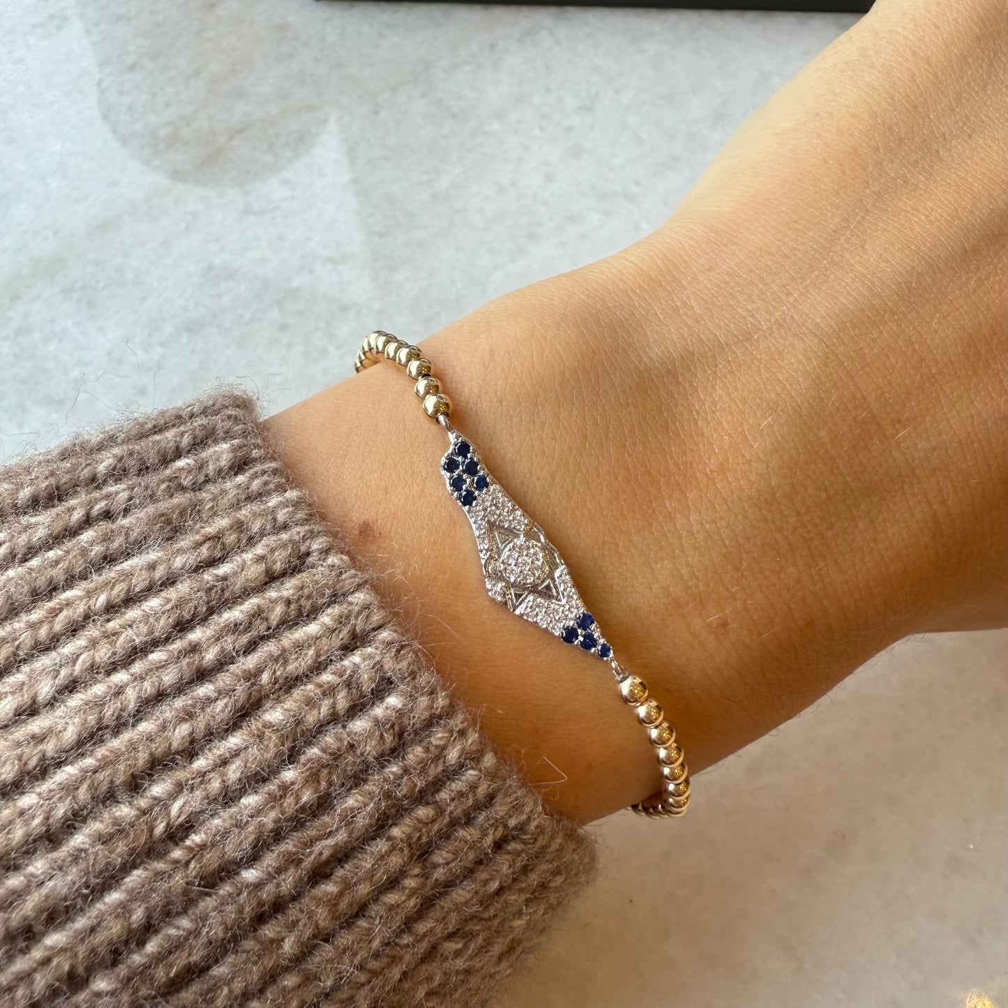 3 MM Stretch Ball Bracelet W Blue Crystal Map of Israel