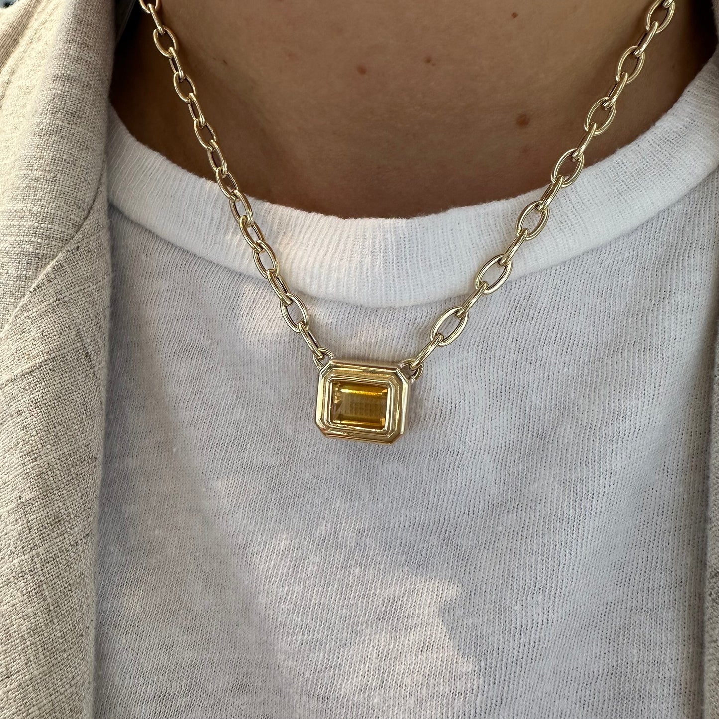 Double Bezel Emarald Cut Citrine on Small Oval Link Necklace