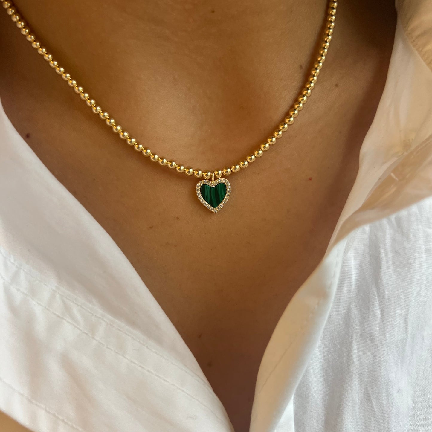 3 mm Ball Necklace w Green & Crystal Heart