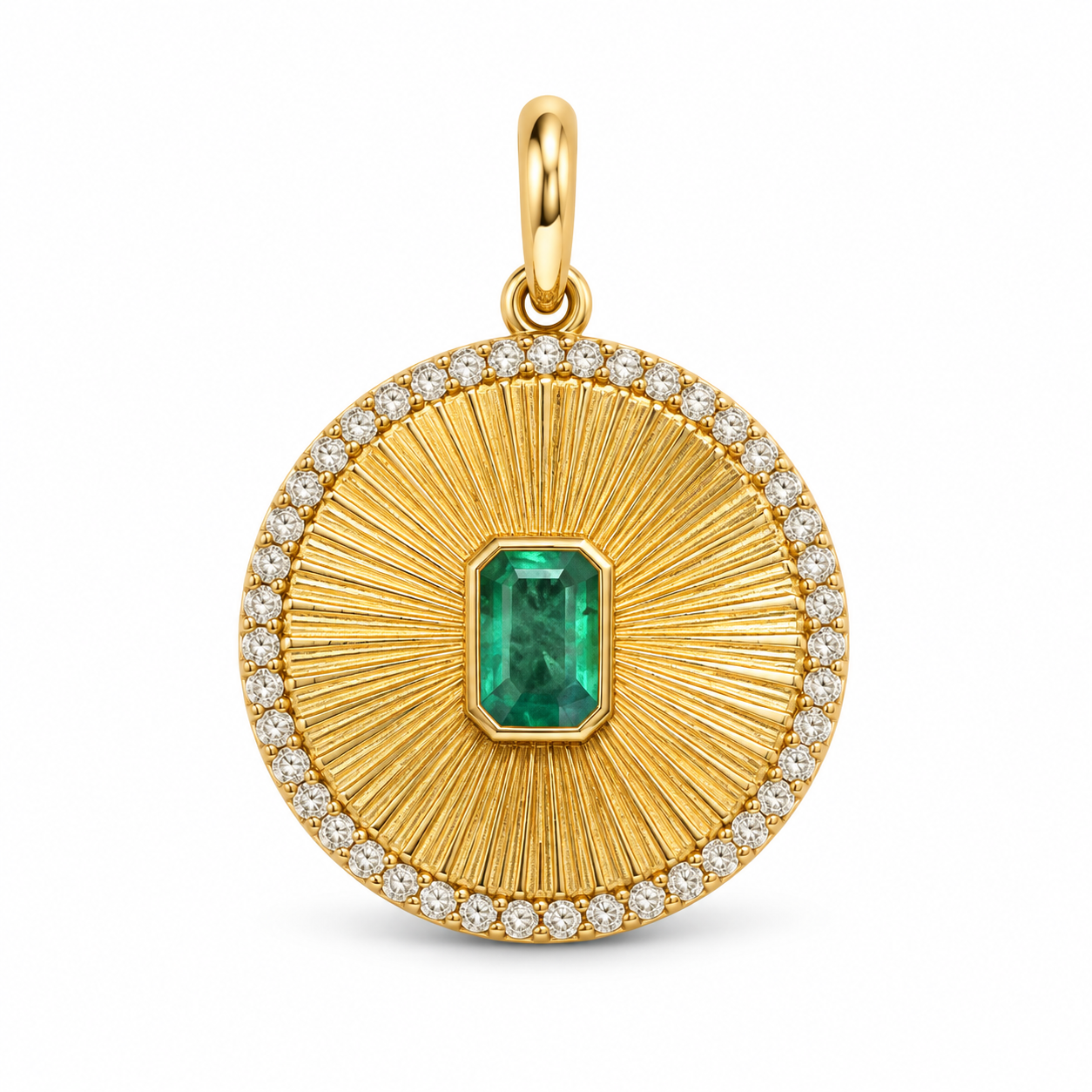Fluted Disc Charm with Diamond Halo & Emerald Center