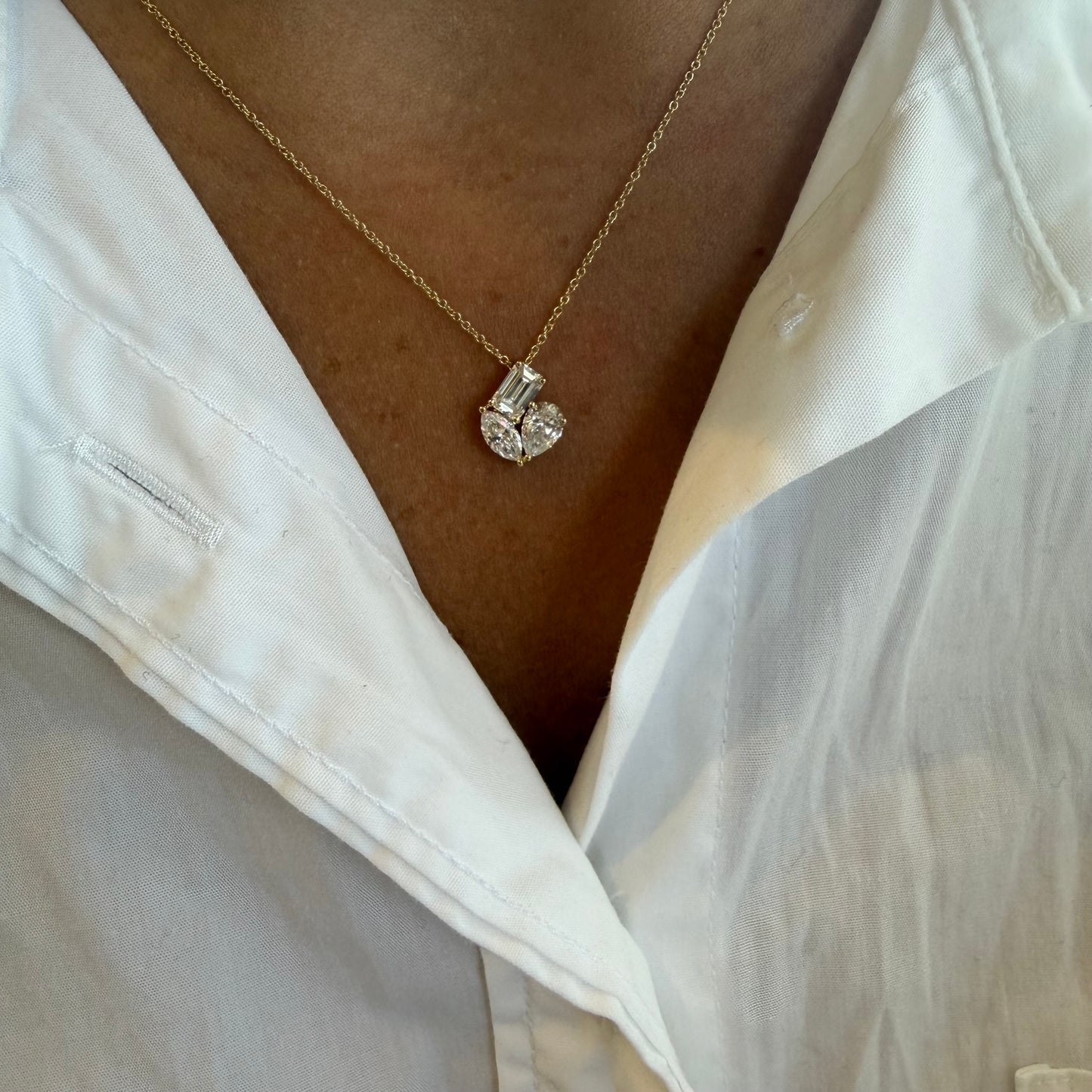 3 Stone Mixed Shape Lab Diamond Pear, Marquee, & Emerald Necklace