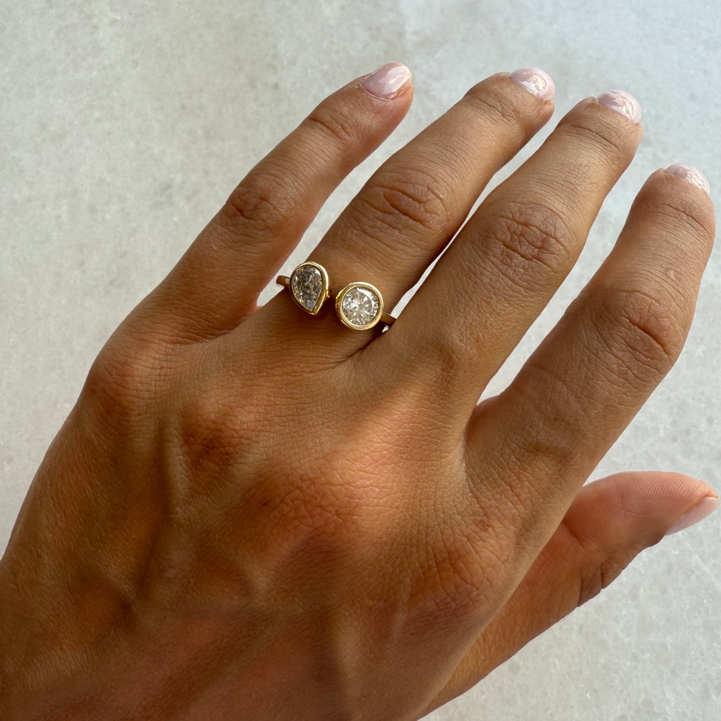 Two Stone Lab Diamond Bezel Round & Pear Ring