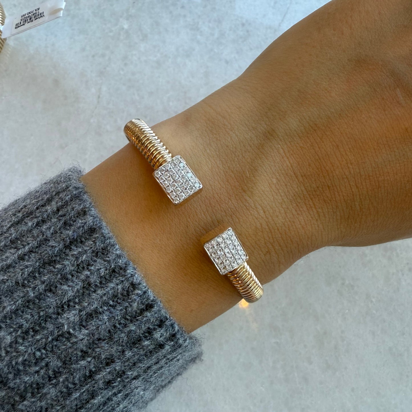 Gold Ribbed Flexible Cuff with Pave Diamond Square Ends
