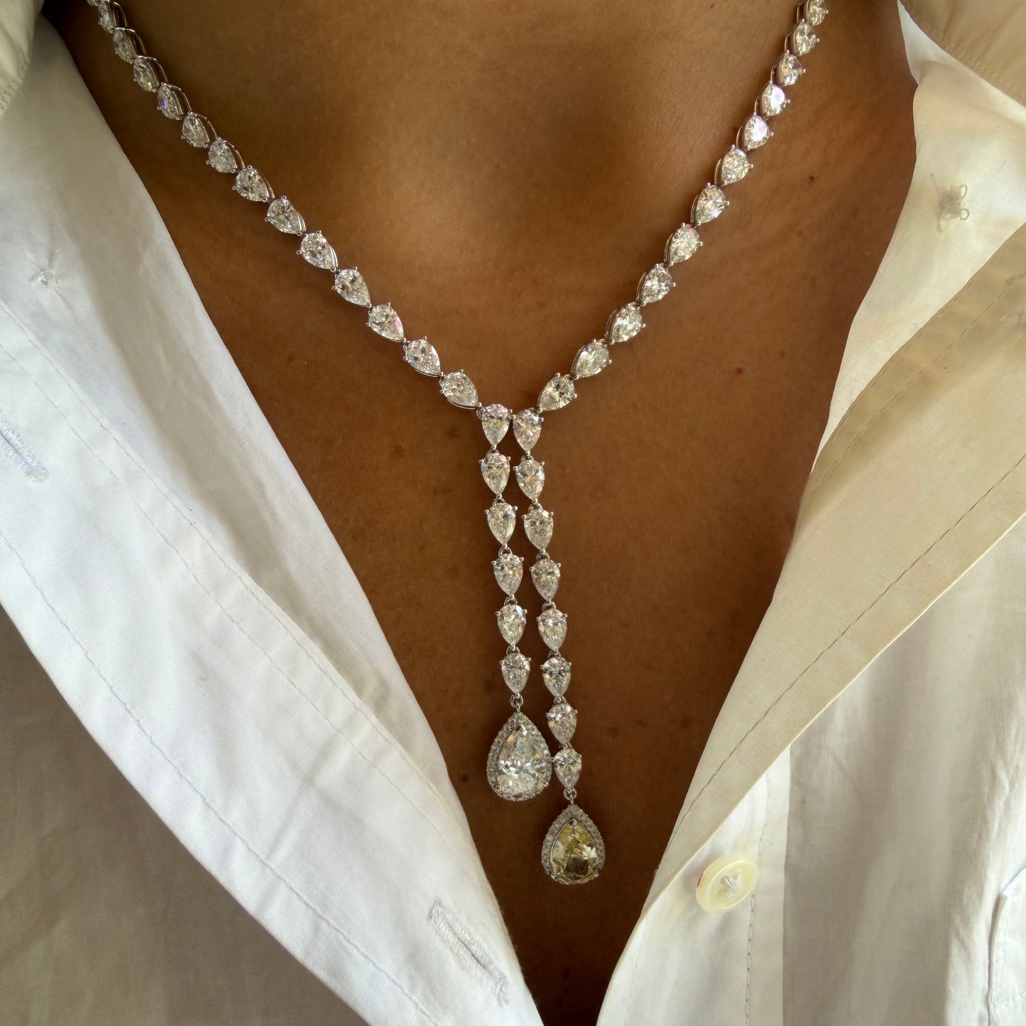 Lab Diamond Pear Tennis Necklace With Lariat White & Yellow Diamonds