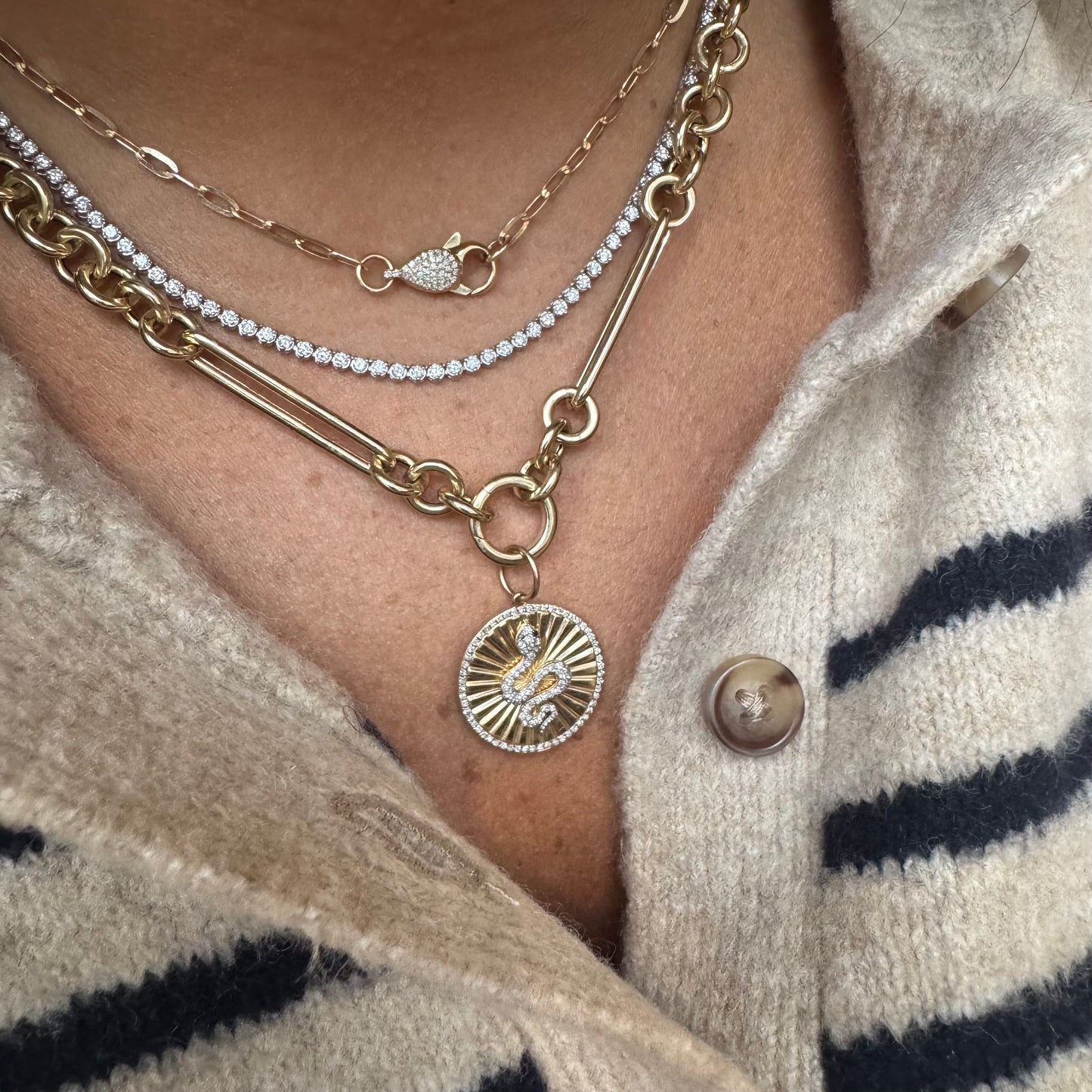 Large Mixed Link W Gold Clasp Necklace