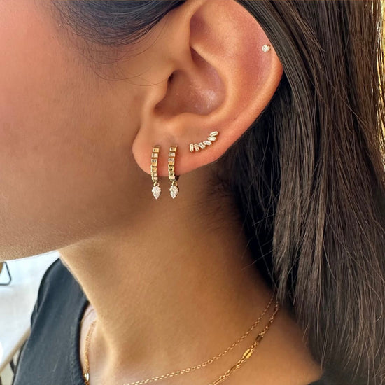 Gold Fluted Huggies W Hanging Diamond Pear Earrings