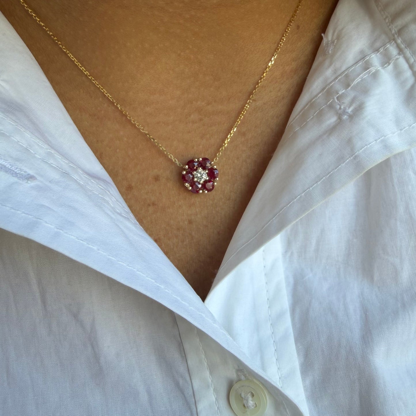 Ruby and Diamond Cluster Flower Necklace