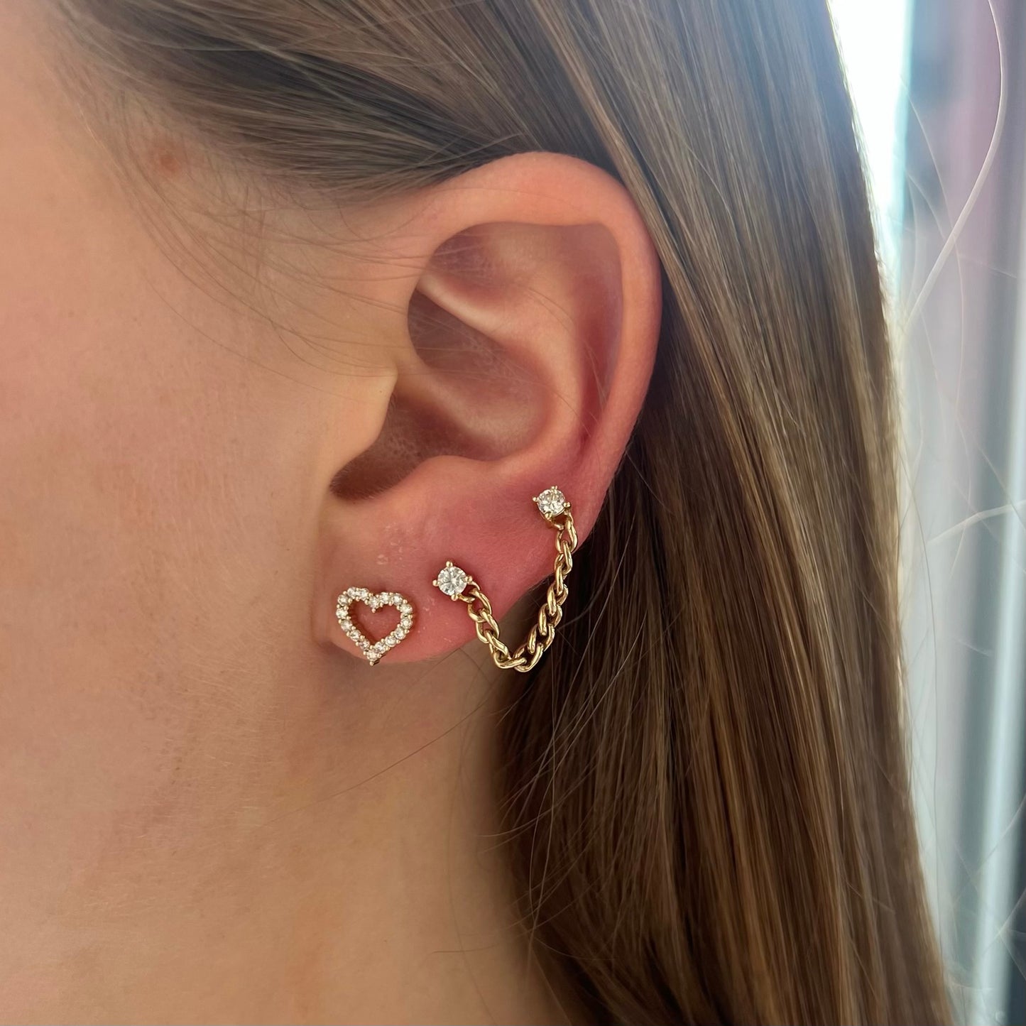 Single Ear Diamond Earring With Hanging Cuban Chain For Double Piercing