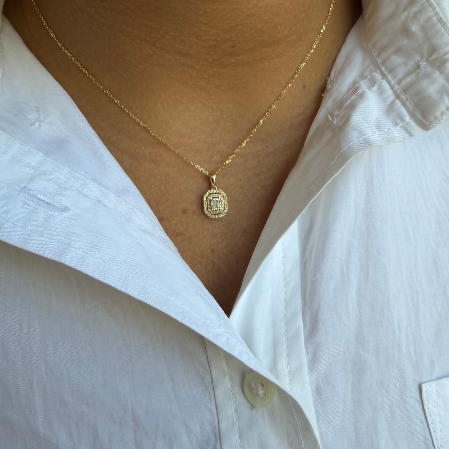 Baguette Diamond Double Halo Square Pendant Necklace
