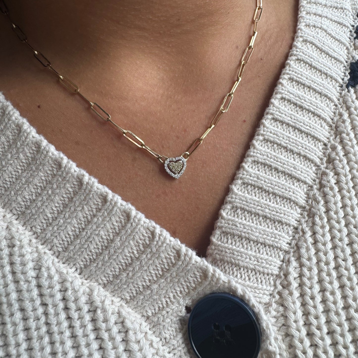 Paperclip Necklace With Two-Tone Halo Diamond Heart