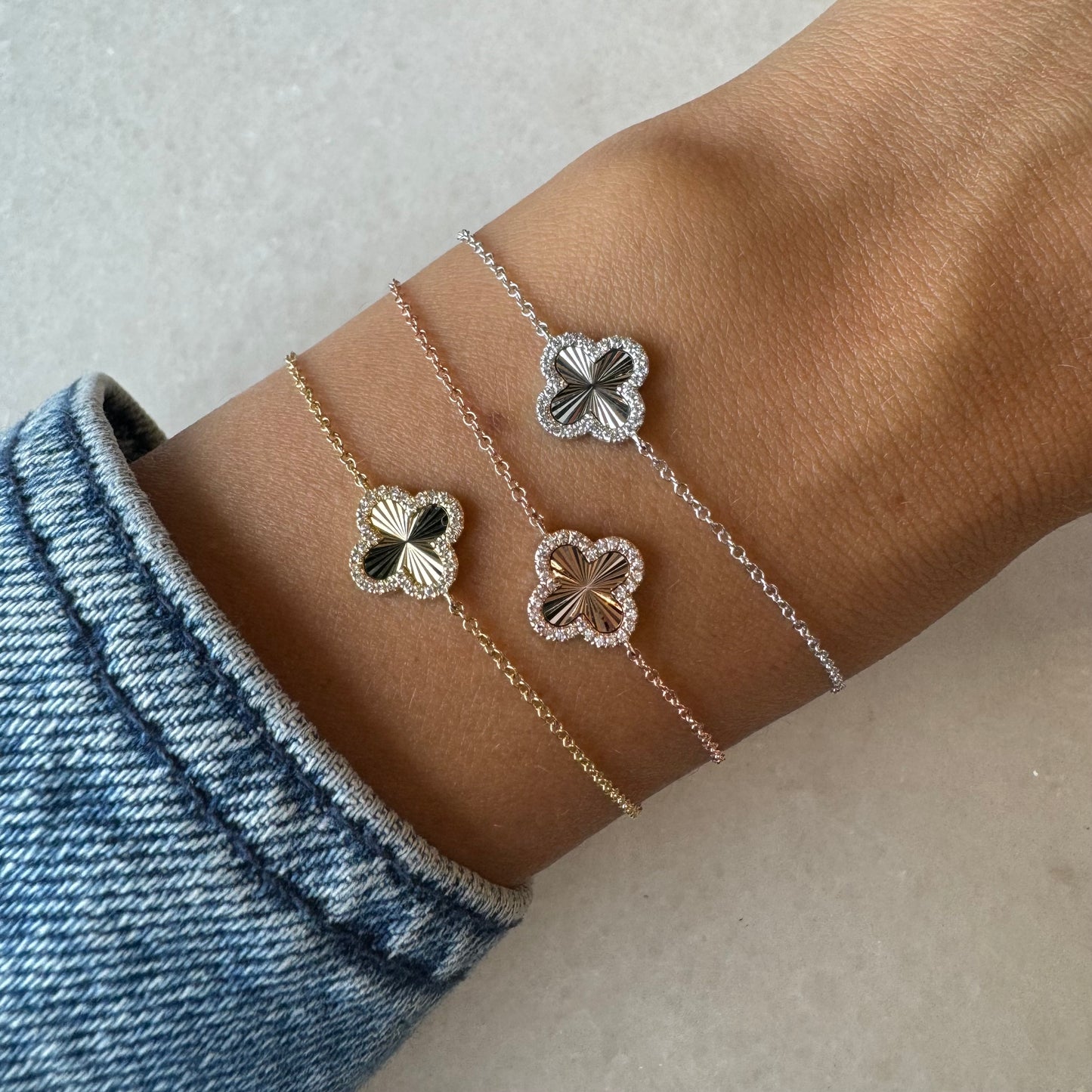 Mini Fluted Gold & Diamond Clover Bracelet