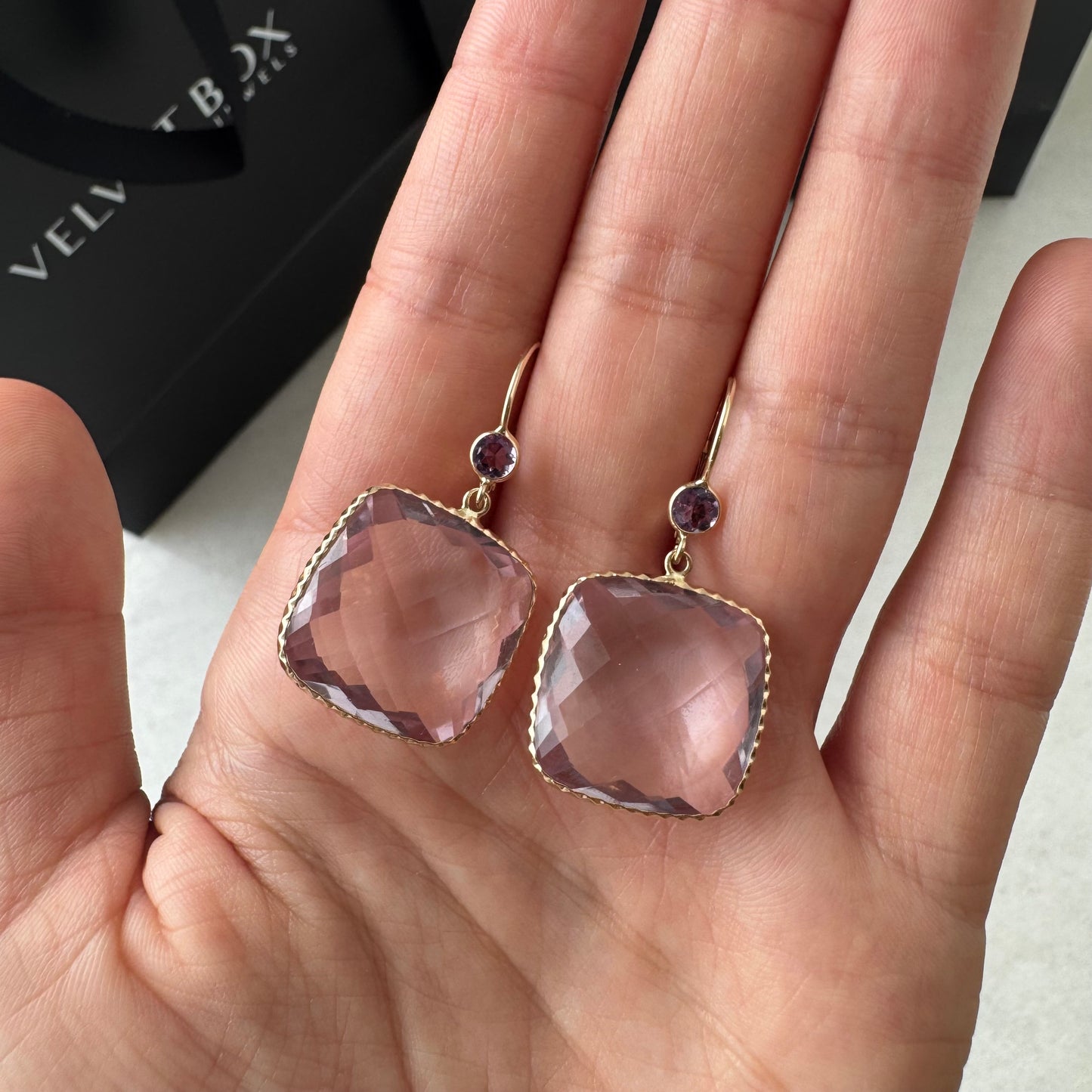 Squared Colored Stone & Gold Bezel Hanging Earrings