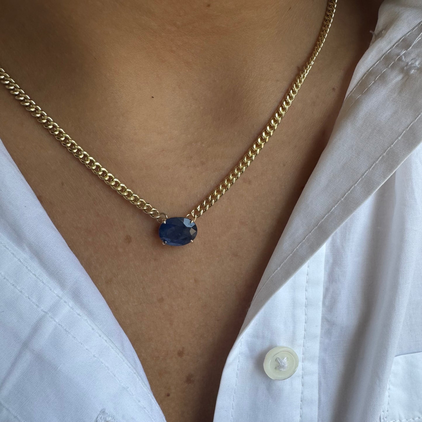 Blue Sapphire Oval on Cuban Chain Necklace