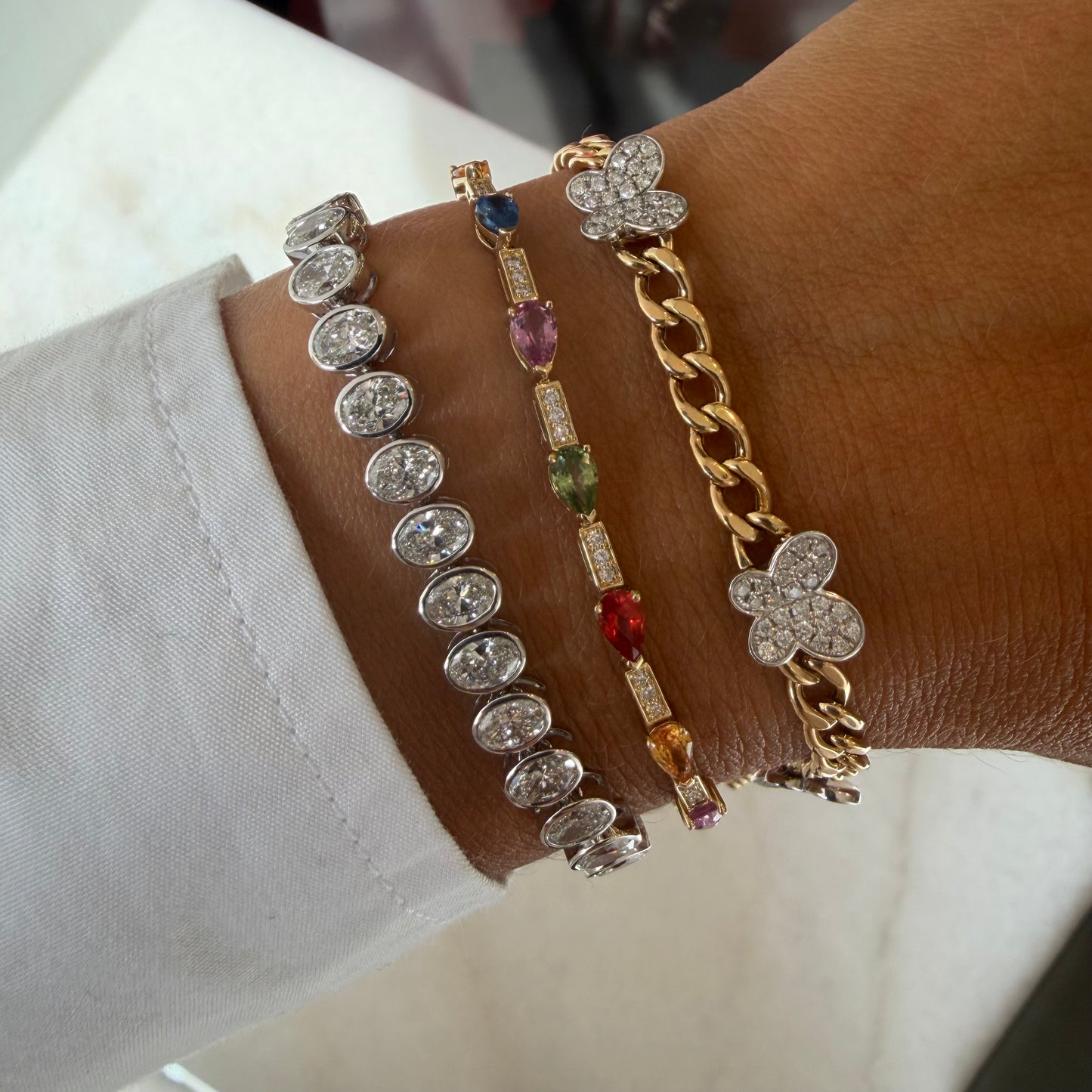 Pave Diamond & Pear Mixed Color Chain Bracelet