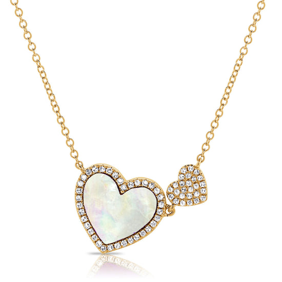 Mother of Pearl Heart with Diamond Halo + Diamond Heart on Chain Necklace
