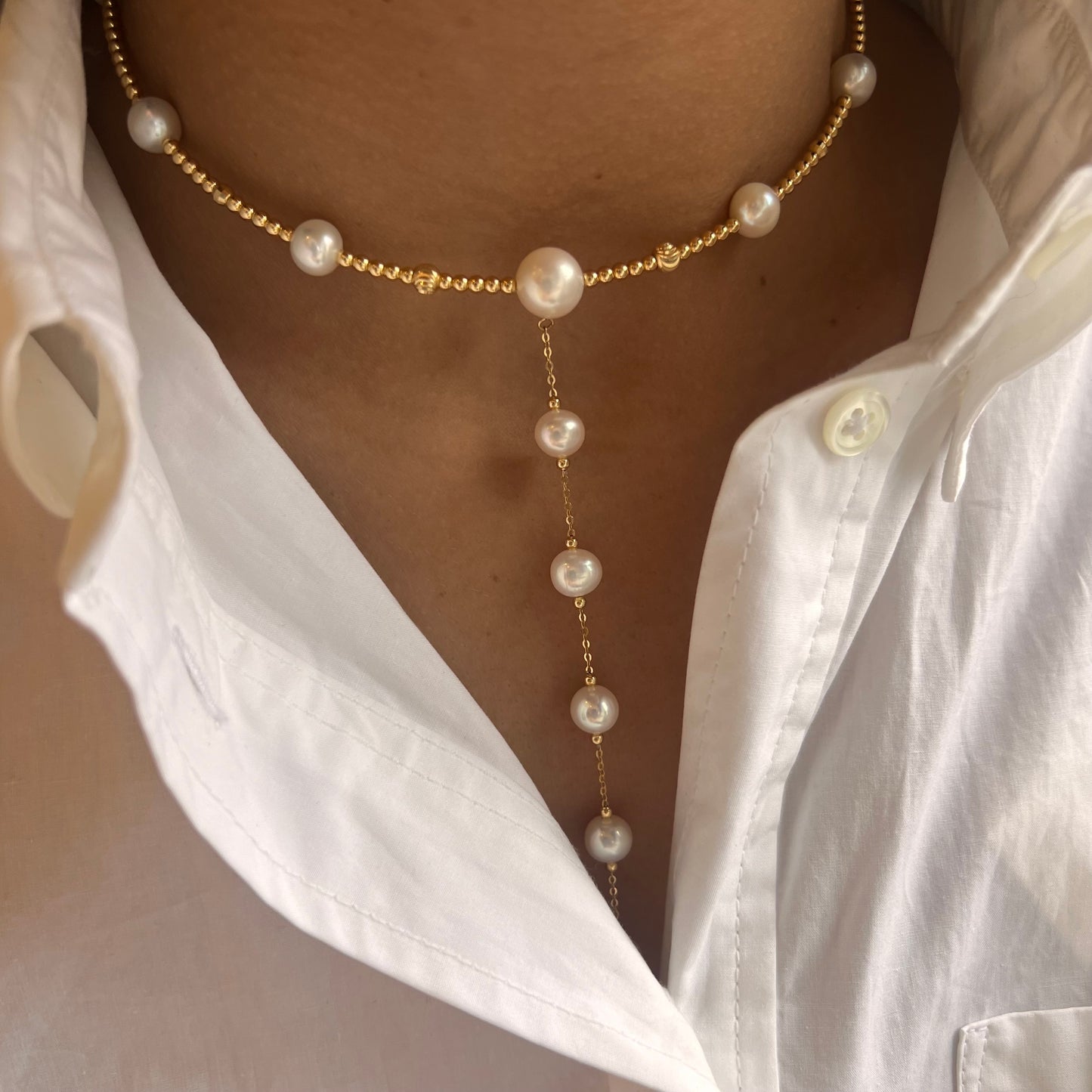 Gold Bead & Pearl Lariat Necklace