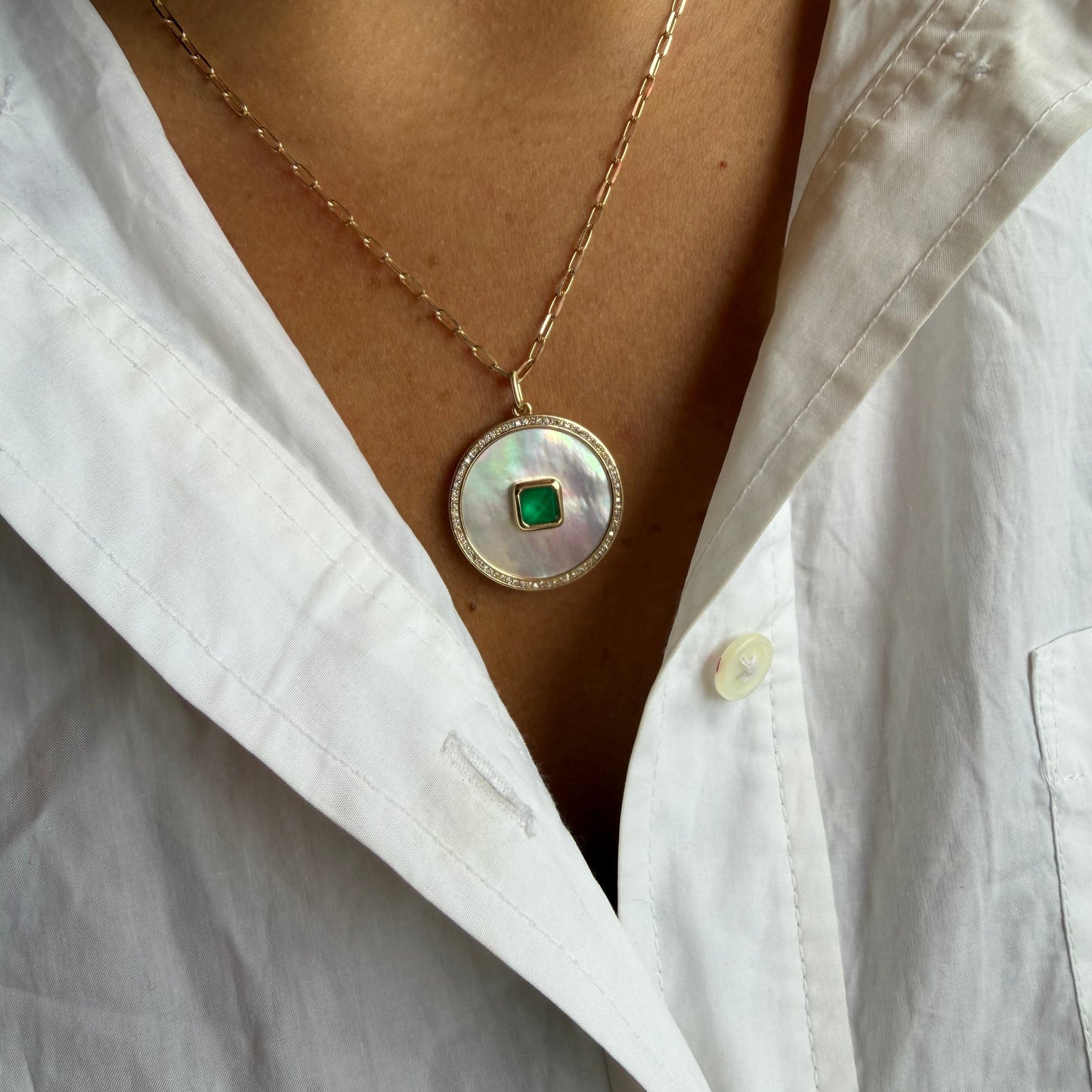 MOP Disc Charm With Diamond Halo & Emerald On Paperclip Chain