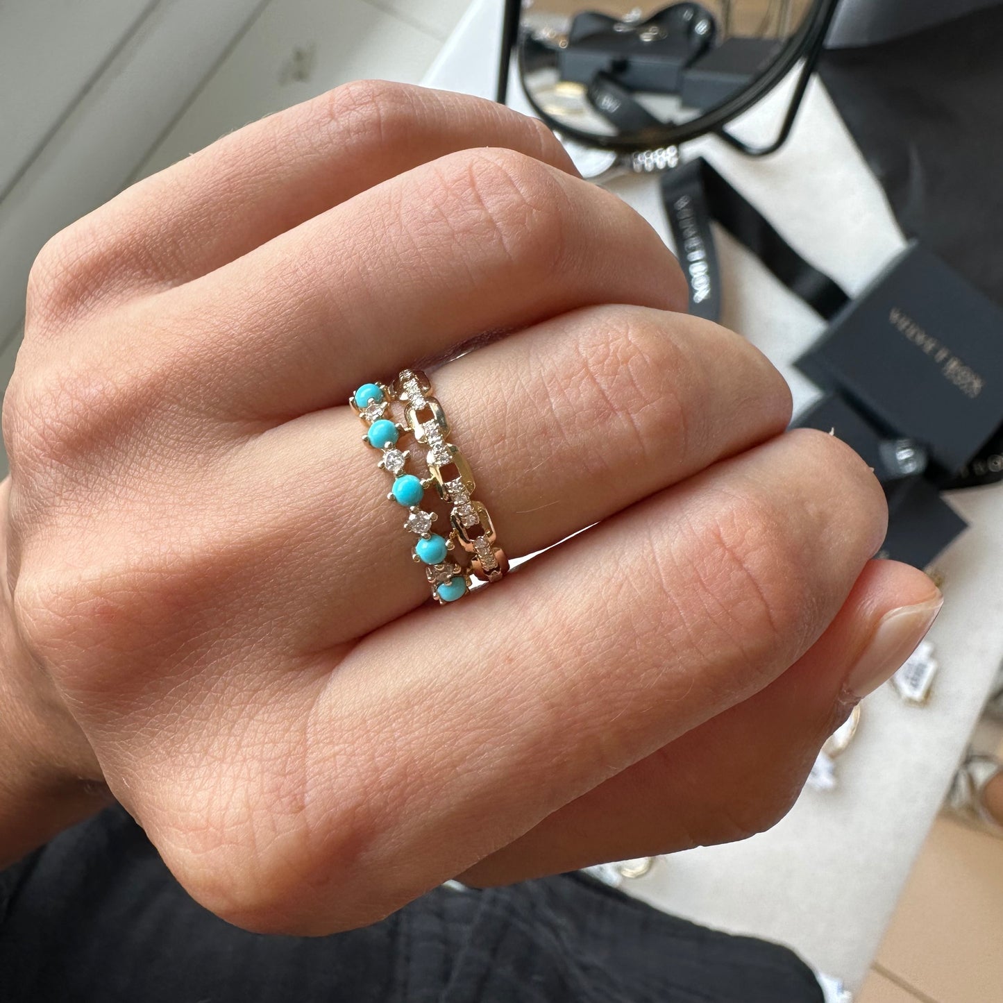 Dainty Diamond Link & Turquoise Ring