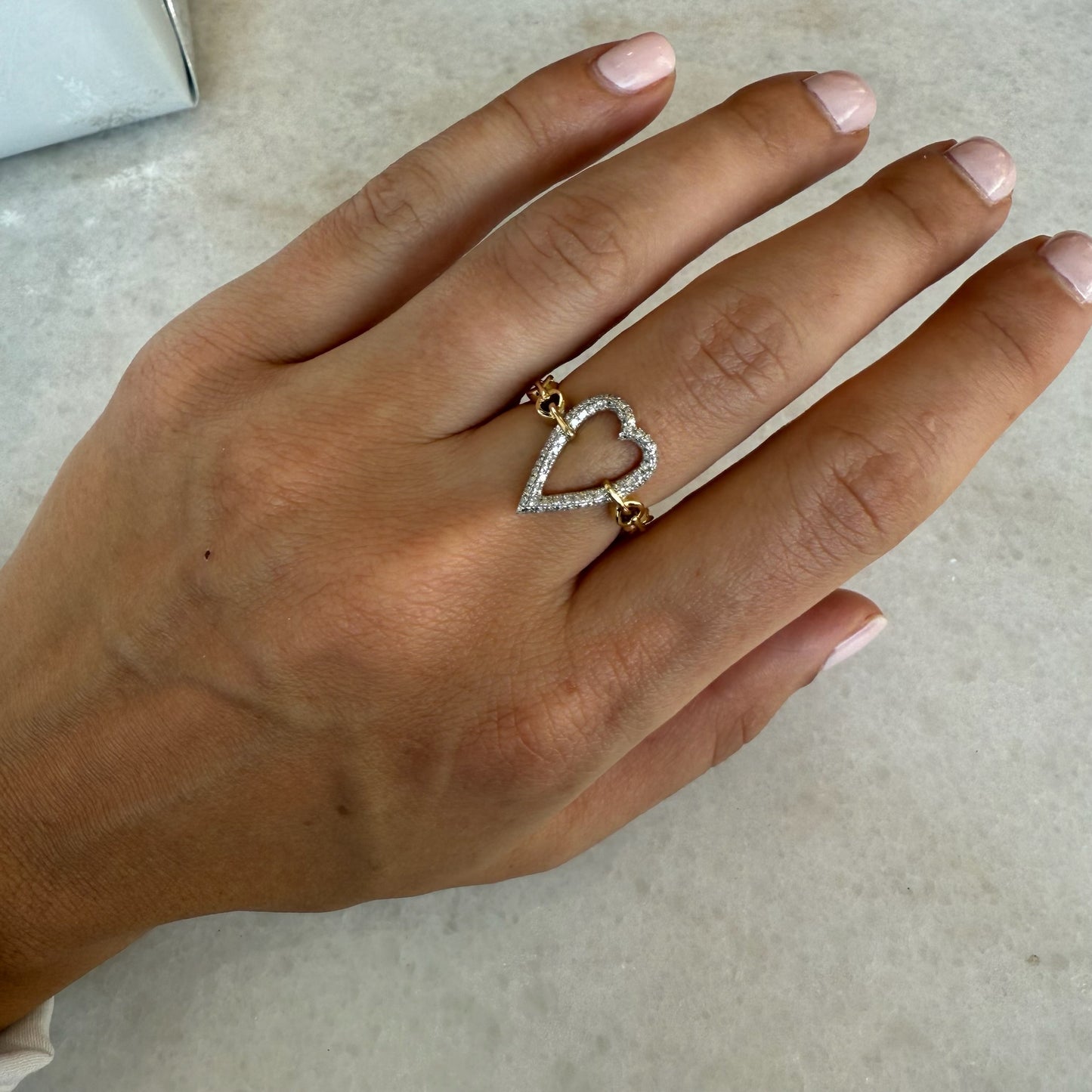 Elongated Open Diamond Heart on Gold Link Ring