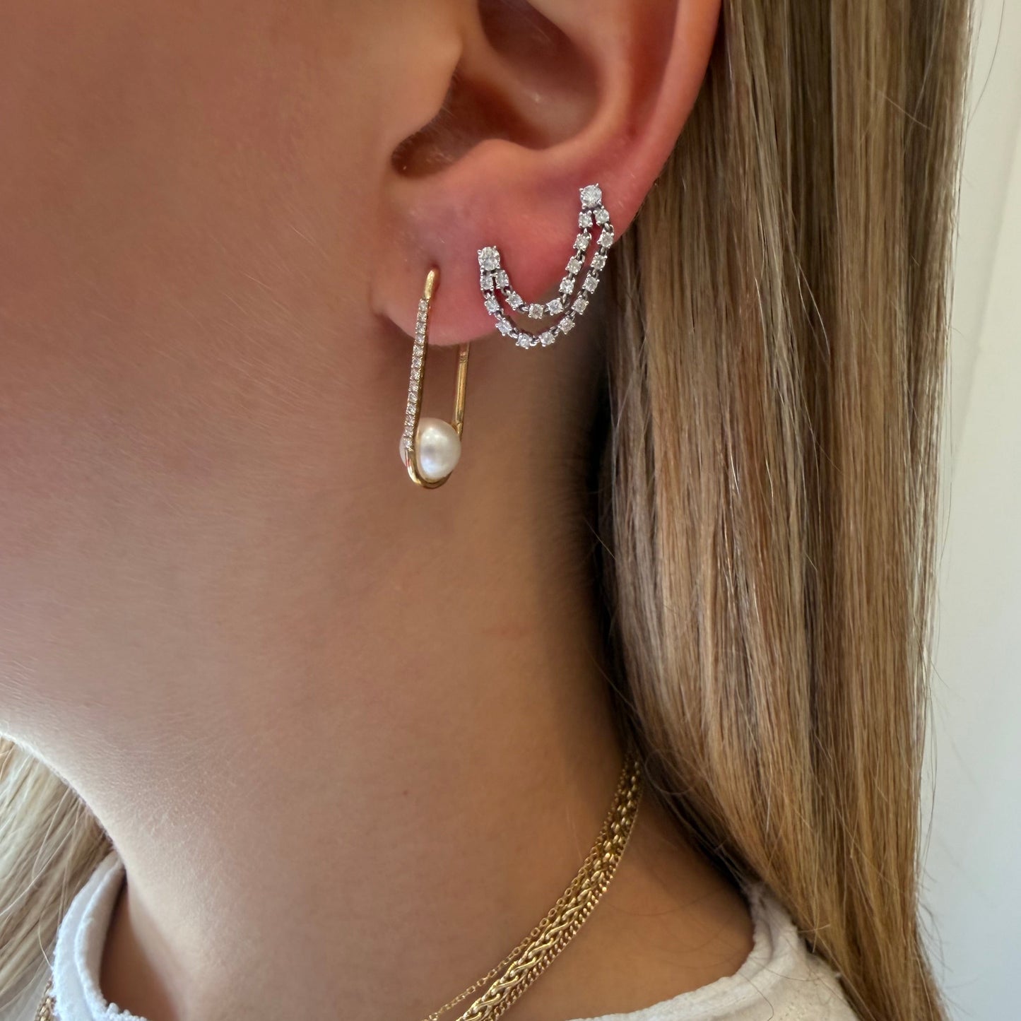 Gold & Diamond Rectangle Hoops with Pearls