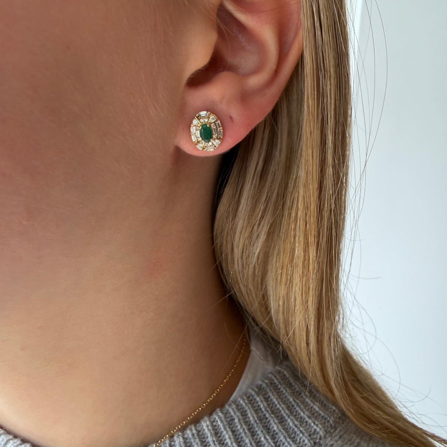 Baguette Diamond Oval Earrings With Colored Stone Center