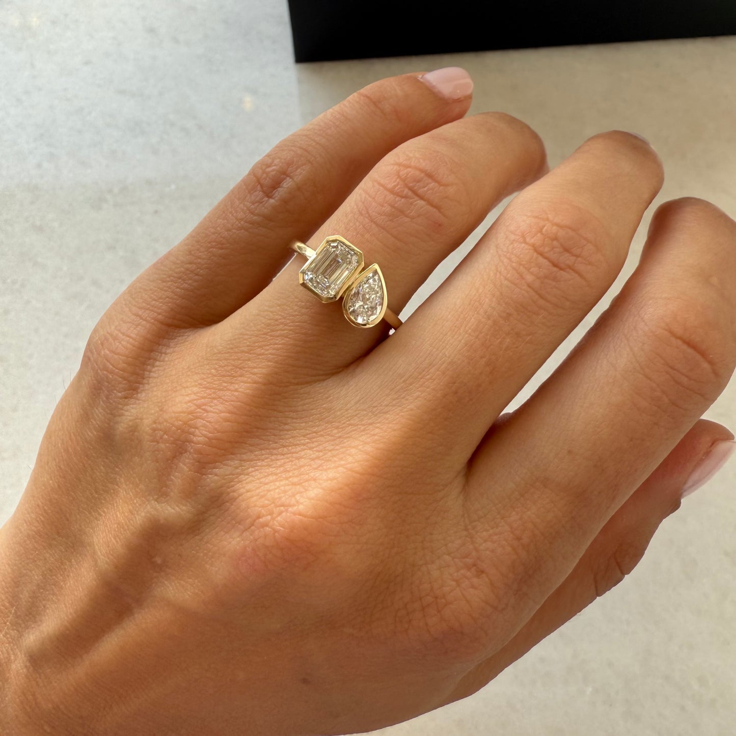 Two Stone Lab Diamond Bezel Pear & Emerald Ring