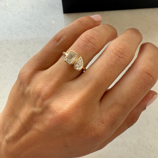 Two Stone Lab Diamond Bezel Pear & Emerald Ring