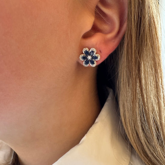 Blue Sapphire and Diamond Flower Studs