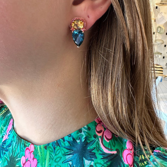 Blue Topaz & Garnet Colored Stone Drop Earrings