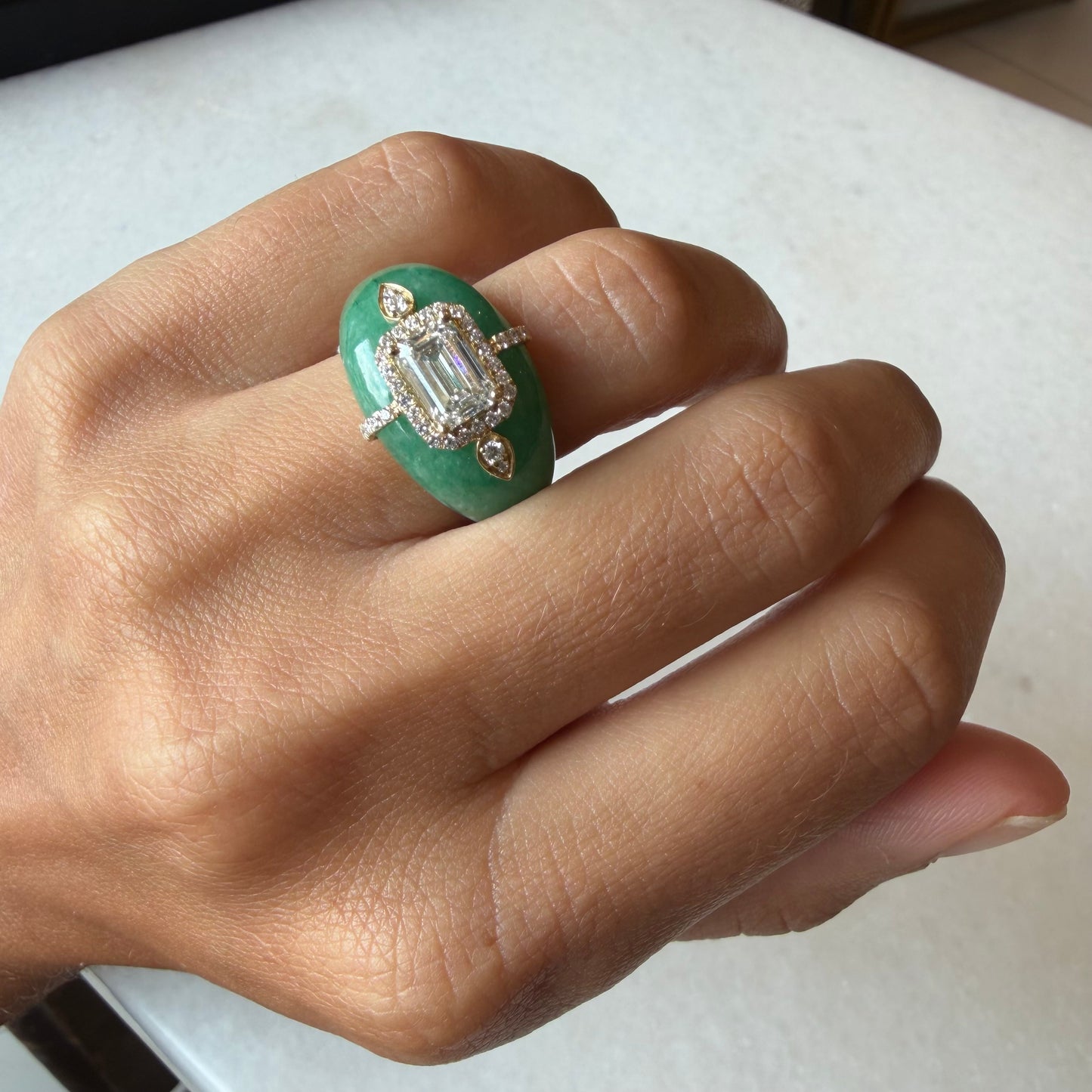Green Jade Art Deco Ring With Lab Emerald Diamond