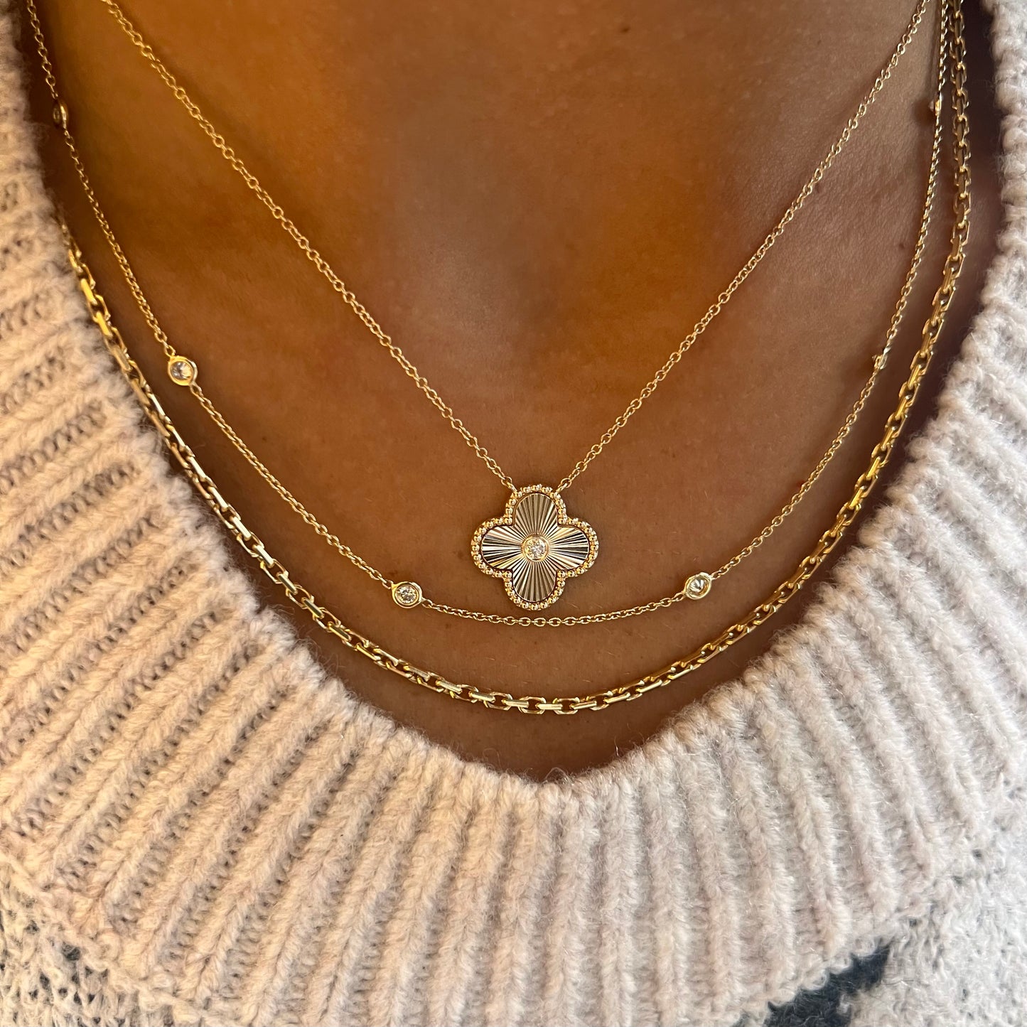 Fluted Gold & Diamond Clover Necklace