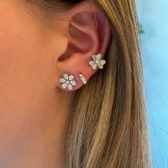 Mini 6 Petal Baguette Diamond Flower Earrings