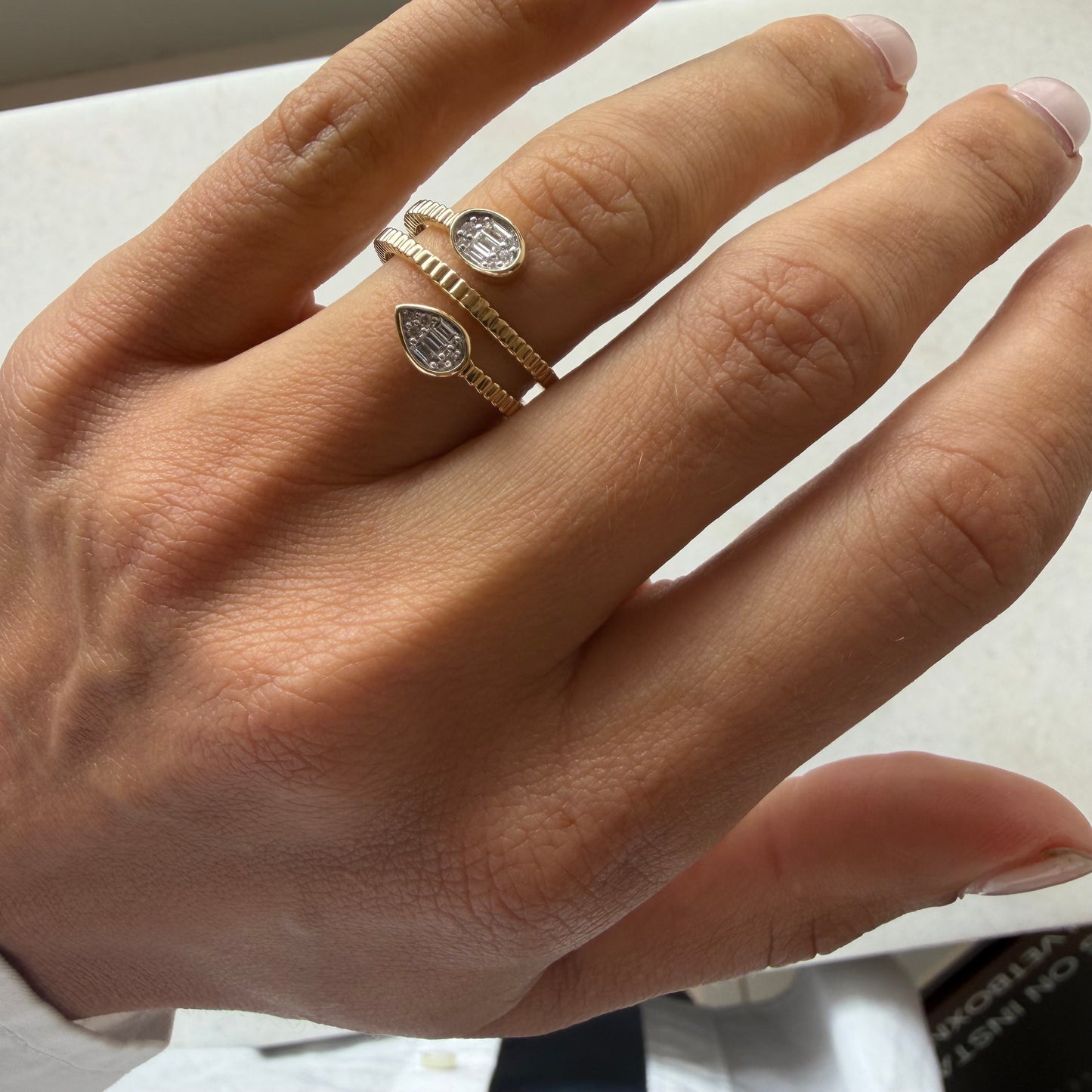 Ribbed Bezel Oval & Pear Diamond Wrap Ring