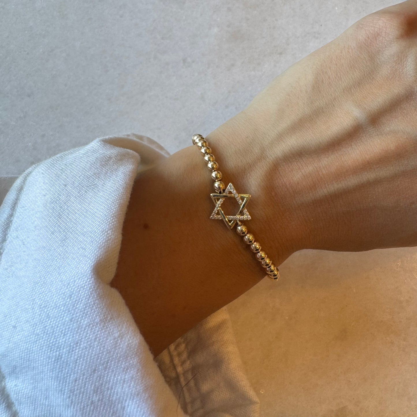 4 MM Stretch Ball Bracelet W Half Gold & Crystal Magen David