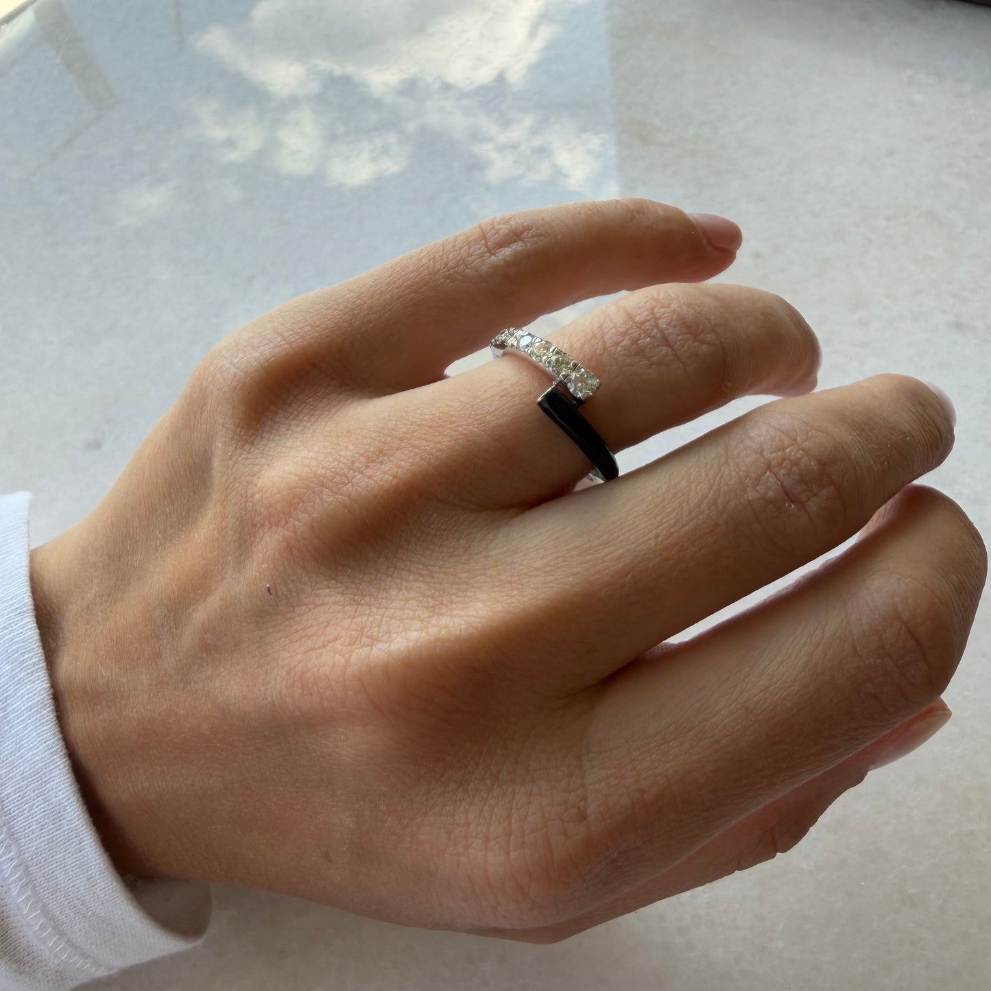 Graduated Diamond & Black Enamel Open Ring