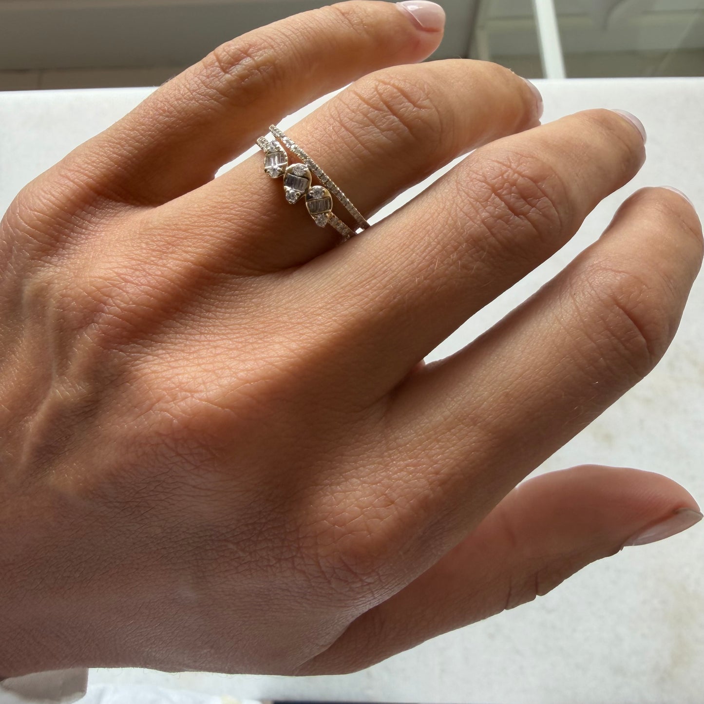 Pave Diamond Double Band Ring with Baguette Pears
